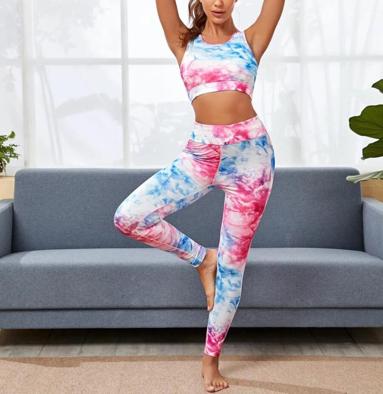 

Yoga Set Women Gym Set Clothes Seamless Workout Fitness Tie-Dye Sports Bra & Leggings Sportswear Fitness Sports Suit Sportswear, Red
