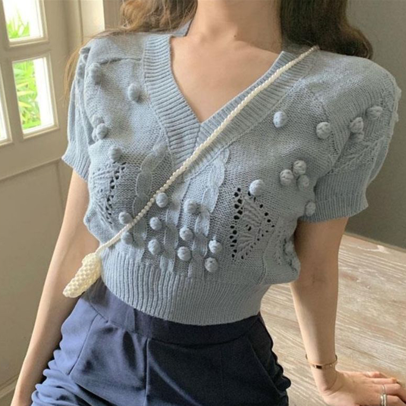 

EWQ] Simple Gray Ball Applique Hollow Bottoming Sweater Women 2020 V-neck Lazy Short Knitted Pullover Female Short-sleeved Hair, Beige