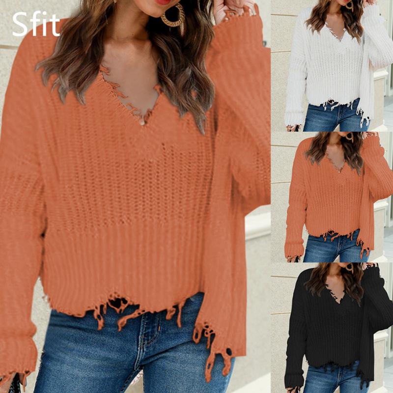 

Sfit women Knitted Sweater For Women Autumn Ripped V-Neck Loose Sweater Pullovers Oversized Ladies Sexy Tassel Tops, White