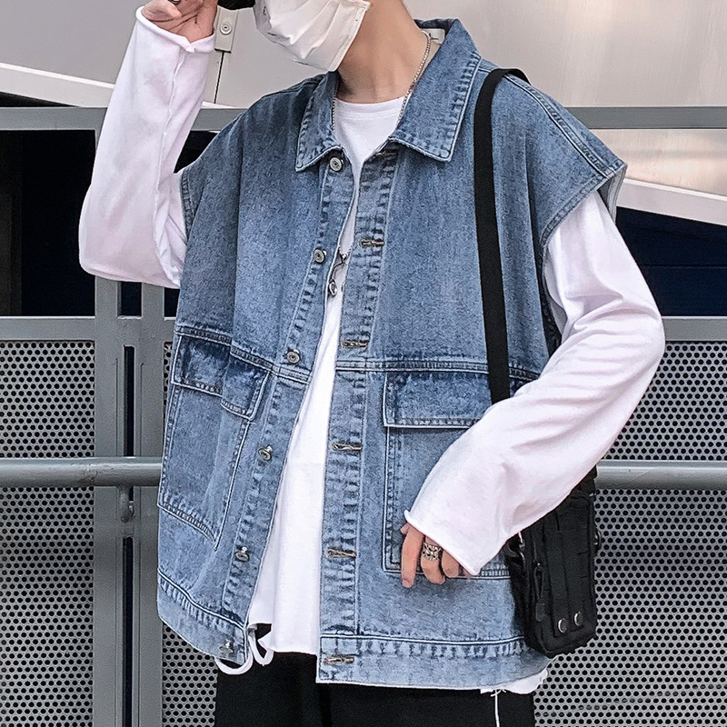 

2020 Japan Style Sleeveless Lapel Denim Jean Vests Jacket Blue Men's Fall Outdoor Work Vest With Pockets Gilet Homme Bodywarmer, Black
