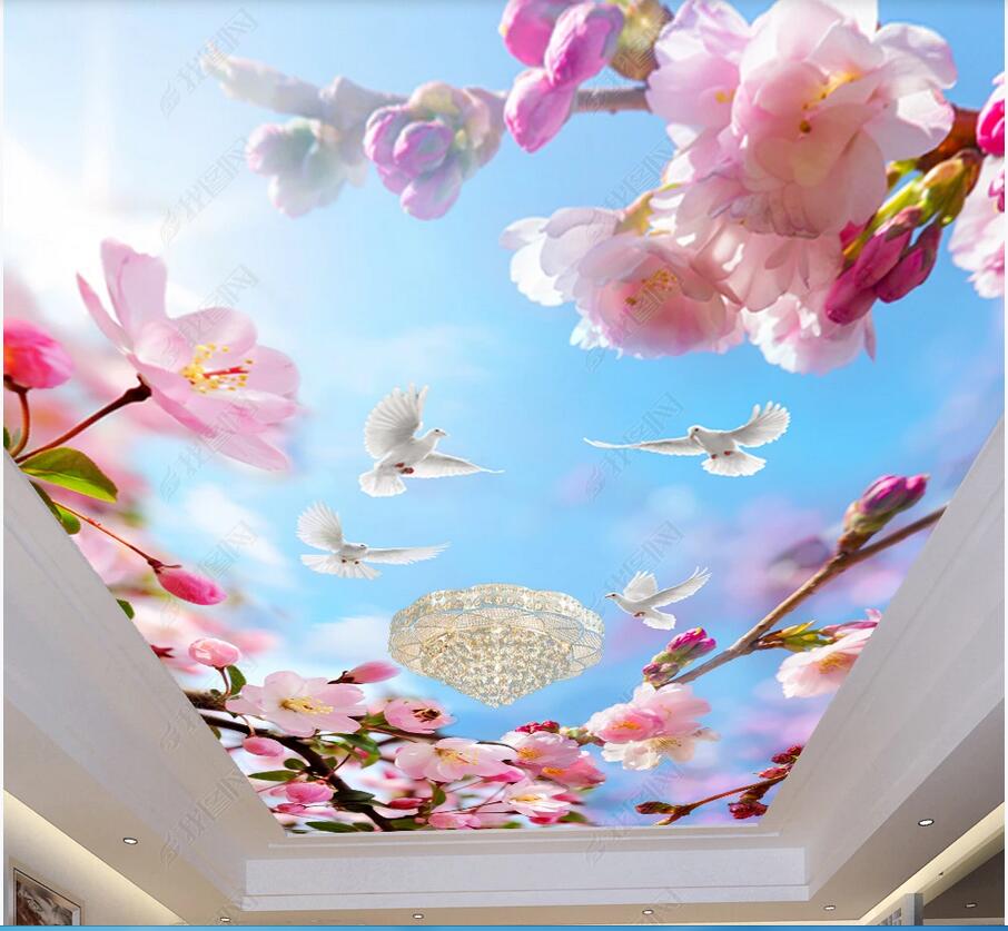 

3d ceiling murals wallpaper custom mural Ceiling murals with white dove and blue sky and white clouds Flower wall decal home decor painting, Non woven