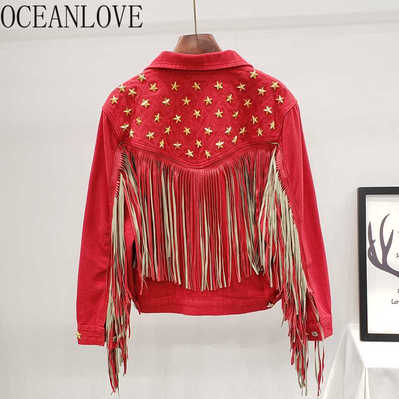 

OCEANLOVE Tassel Streetwear Mujer Chaqueta 2020 Autumn Solid Rivets Fashion Women Jackets Denim Vintage Ropa De Mujer 17530, Black