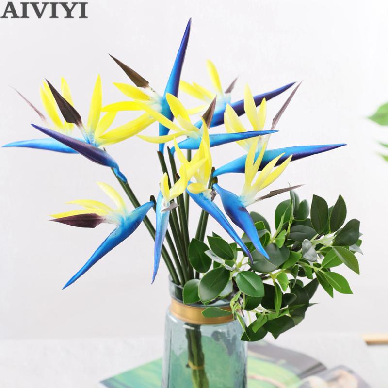 

Single small paradise bird fake flower real flower touch bouquet soft plastic color bird of paradise dried decorat, Blue