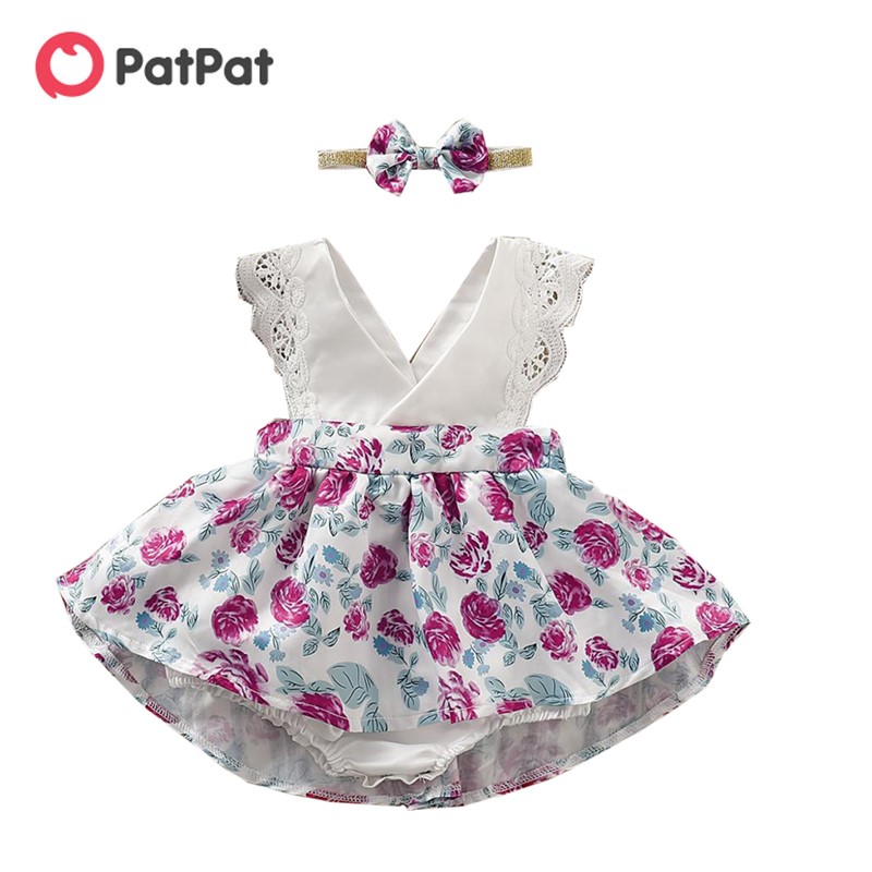 

PatPat 2020 New Summer Baby Toddler Girl's Lace Decor Floral Allover Sleeveless Dresses With Bow Headband Baby Clothes, White