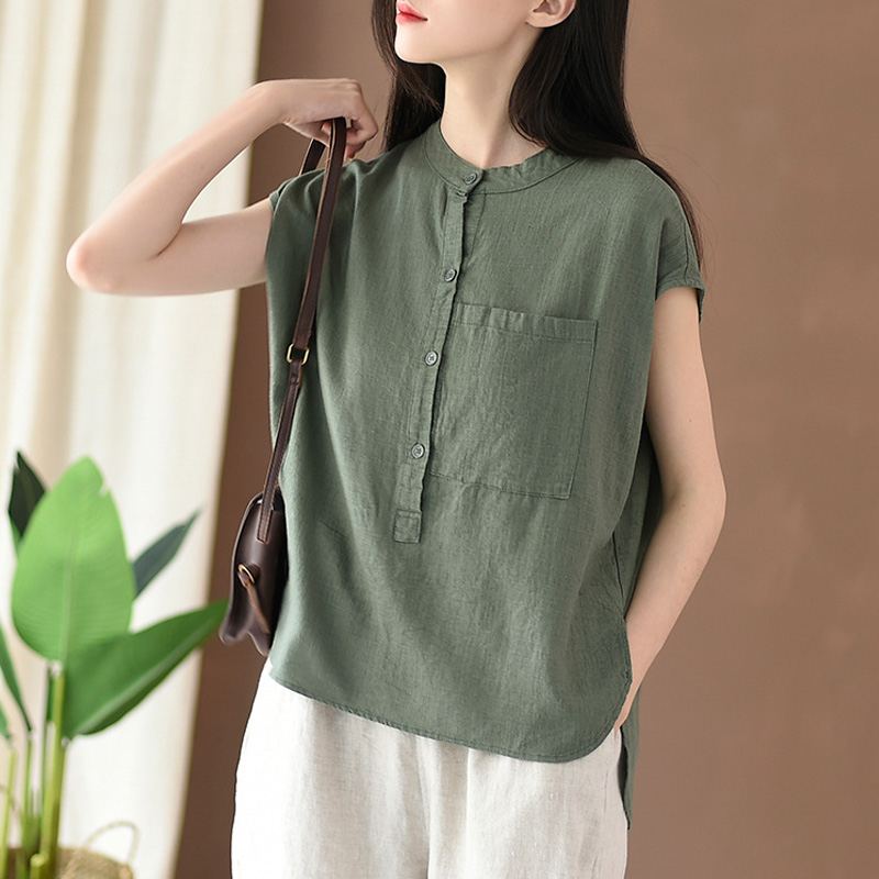 

Johnature 2020 Summer New Cotton And Linen Shirts For Women New Loose Solid Color Blouse Pockets Button Casual Tops And Shirts, Black