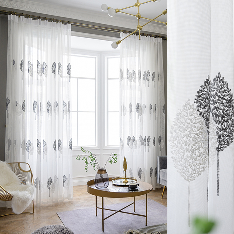 

Embroidered Tulle Window Curtains Leaf Gauze Custom Curtains Finished Living Room White Yarn, Gray