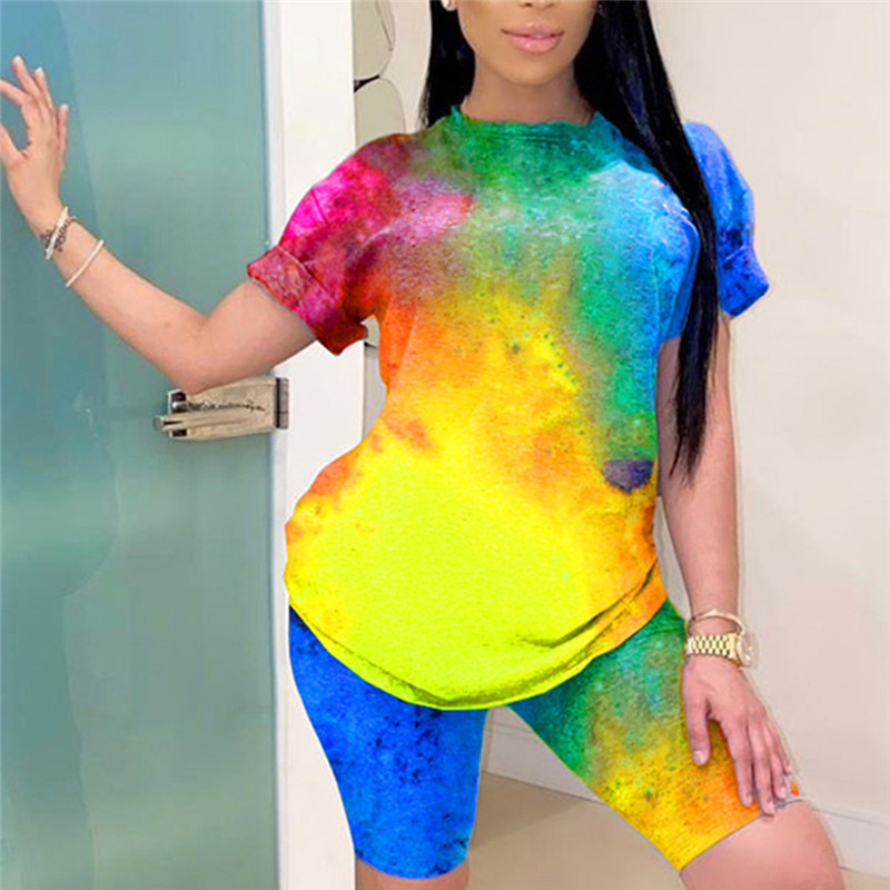 

2pcs Sport Set Tops&Shorts Women Summer Fashion Tie-dye Printed Pants Casual Printed Fitness Shorts Sports Set Outfit, As picture 4