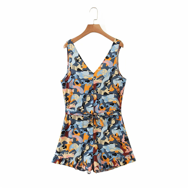 

Fashion Beach Style Floral Print Summer Sleeveless Playsuits With Belt Women Stylish Cat Print Short Jumpsuits Femme, Blue