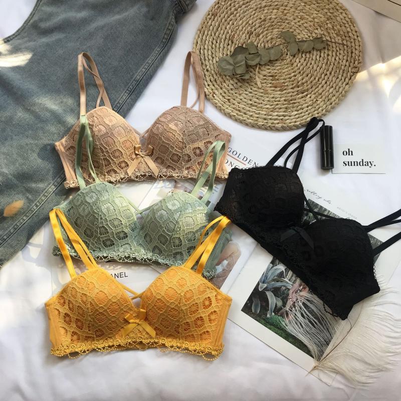 

Womens Sexy Lace Push Up Bra Deep V Cross Lingerie Bralette Cute And Comfortable Wirefree Underwear, Yellow