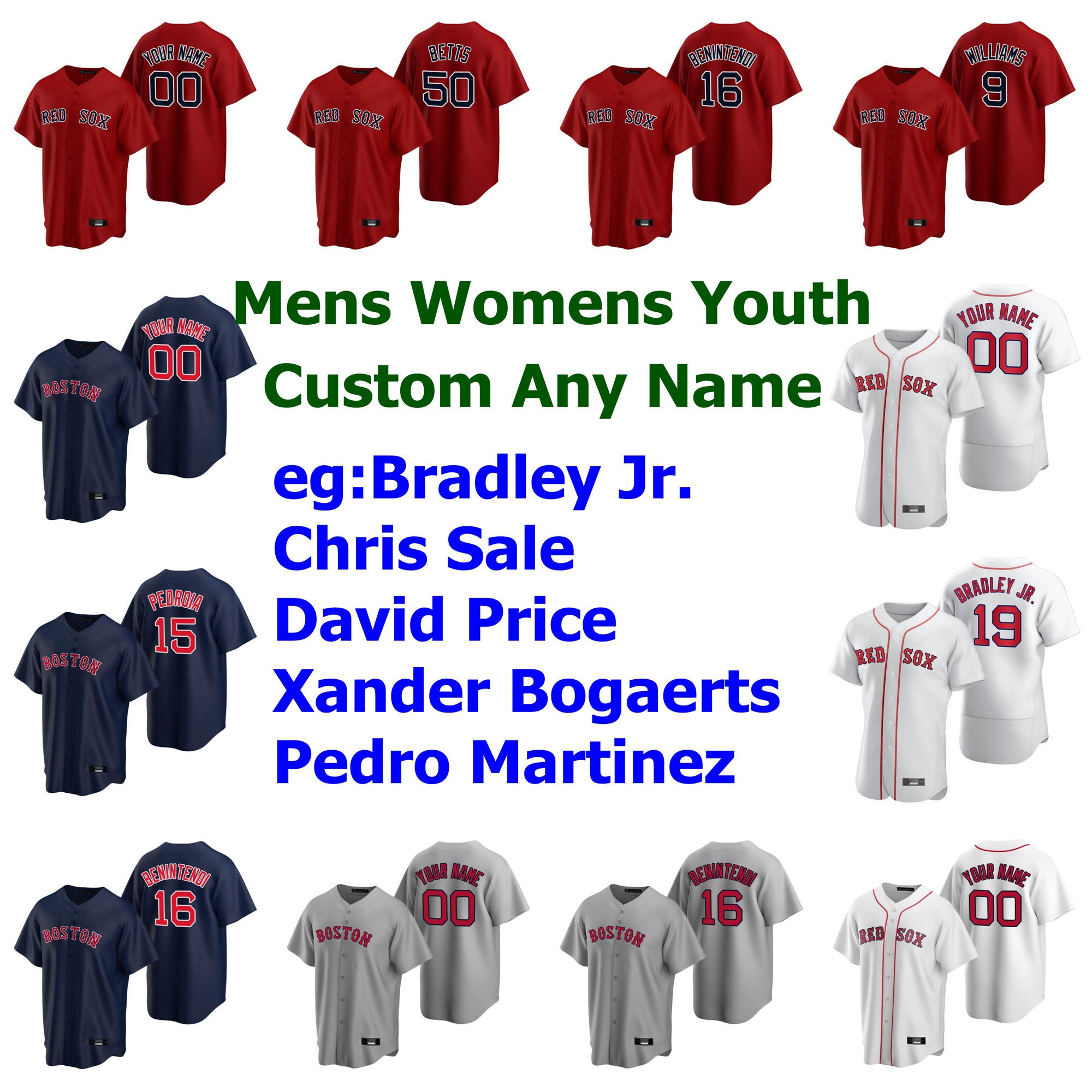 

2020 Baseball Jerseys Womens Chris Sale Jersey David Price Xander Bogaerts Pedro Martinez George Kell Rusney Castillo Navy Red Custom Stitch, Youth 2020 cool base gray