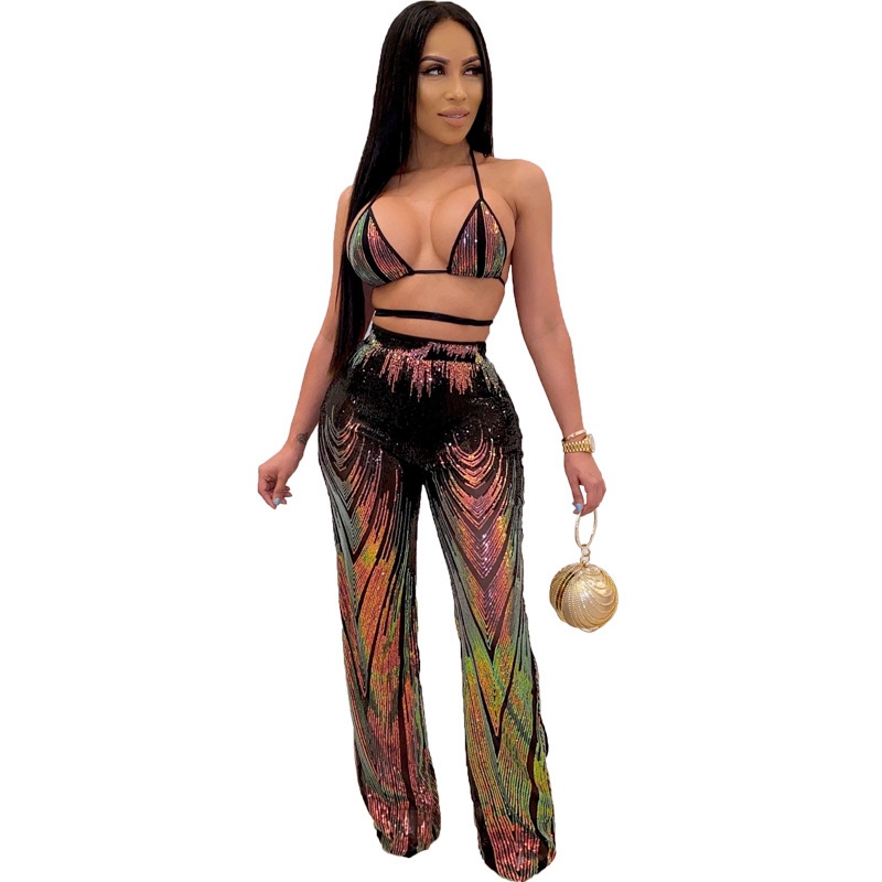 

Sexy Club Sequin Two Piece Set Women 2 Piece Outfits Crop Top and Long Pants Set Festival Clothing Luxury Party Matching Sets, Multi