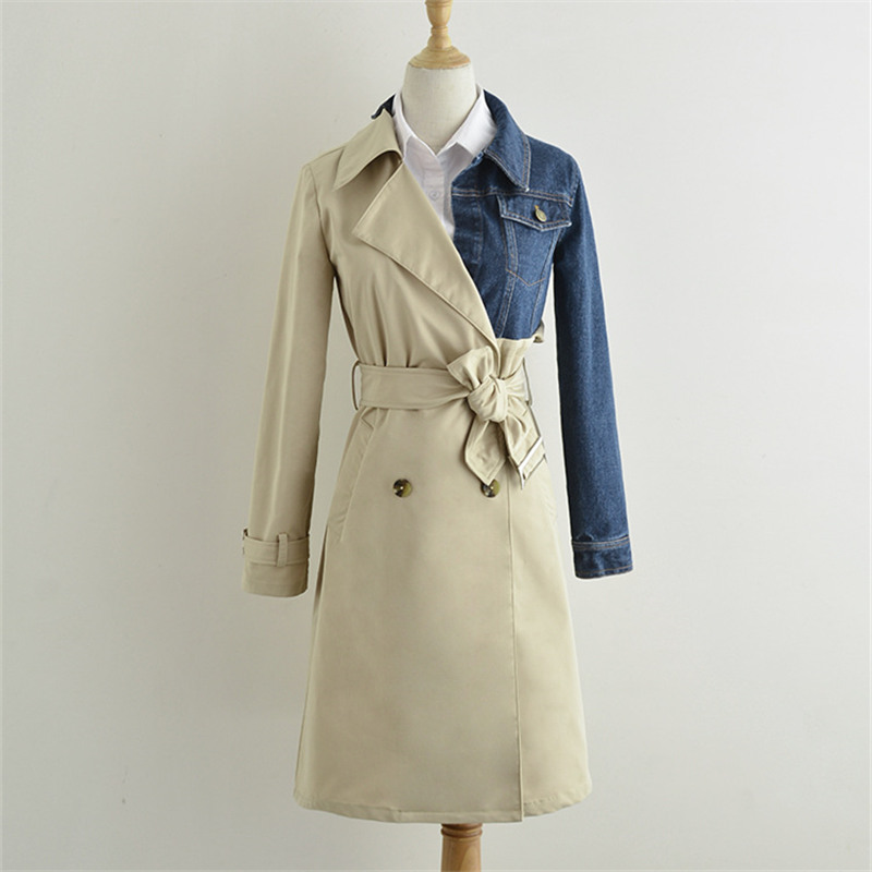 

Patchwork Denim Women Trench coat Double Breasted Lapel Long Trench coat Fashion Loose Lady High quality Windbreaker 2020 Autumn, Khaki