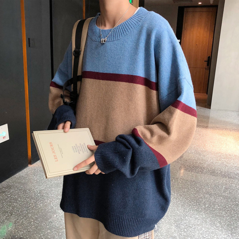 

Winter Sweater Men's Warm And Fashionable Hit Color Casual Knitted Pullover Men Streetwear Loose Knitting Sweaters Mens Clothes, Khaki