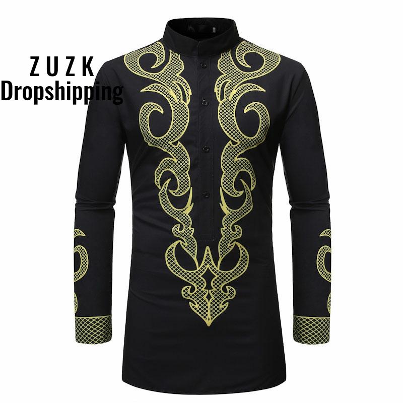 

Men Middle East Style Printing Shirt Camisa Masculina , Men Long Slim Fit Stand Collar Shirt US SIZE, Black