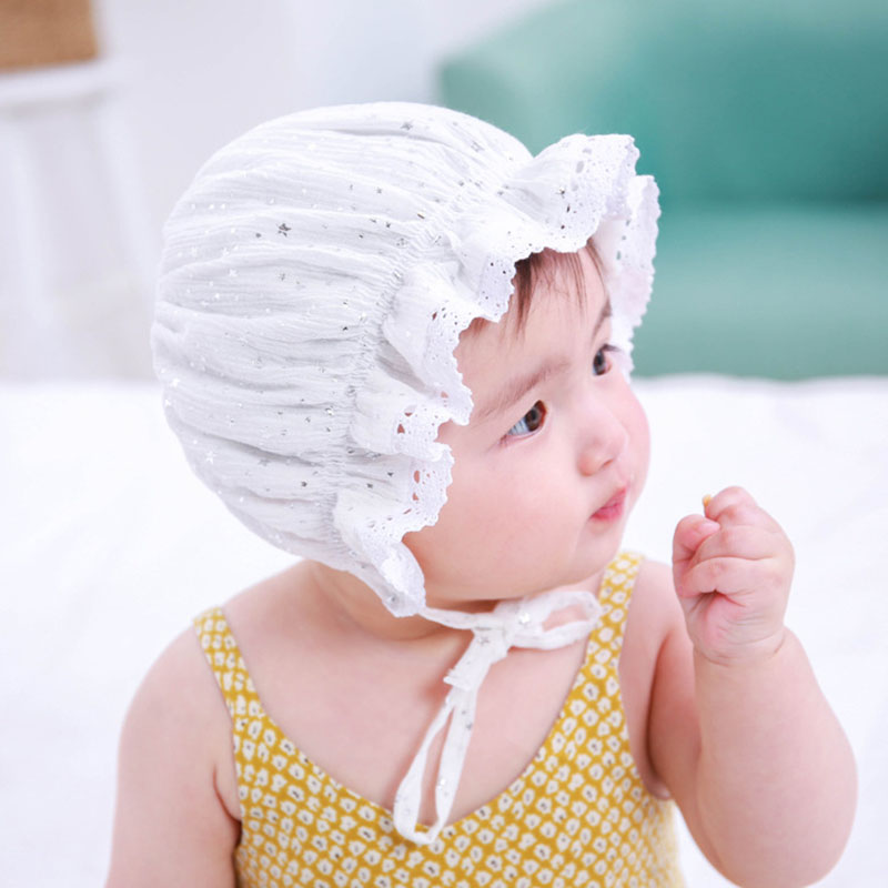 

Newborn Baby Bucket Hat Baby Lace Solid Star Prints Gils Hat Spring Autumn Tie Photography Of Newborns Bucket Cap, White