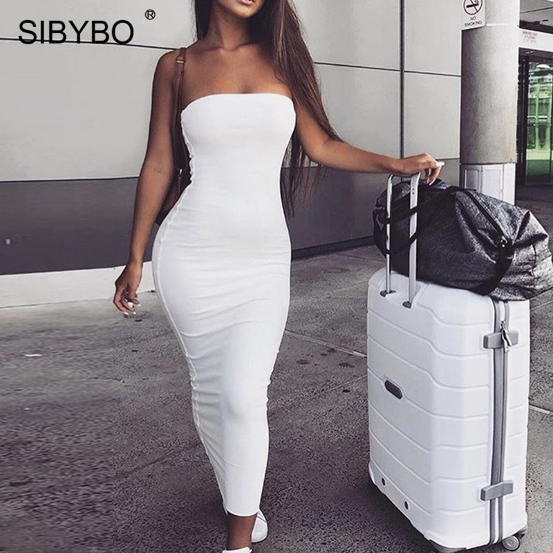 

Sibybo Off Shoulder Strapless Sexy Women Dress Sleeveless Straight Long Bodycon Dress Backless Casual Summer Party Dress Women, Navy blue