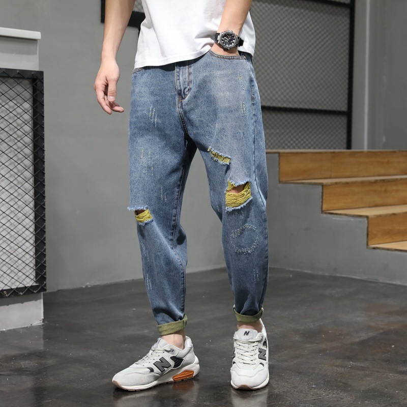 

Japanese fashion brand Harun ripped nine point jeans men's loose little feet water wash Korean version big fat beggar, Blue