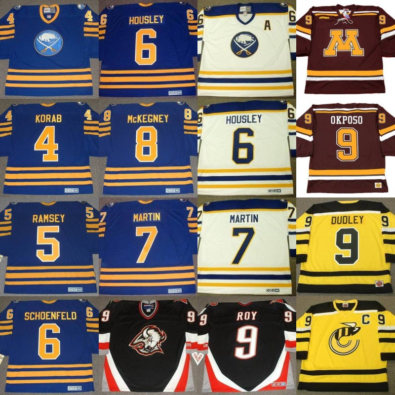

Buffalo Sabres JERRY KORAB MIKE RAMSEY PHIL HOUSLEY RICK MARTIN DEREK ROY KYLE OKPOSO RICK DUDLEY BRAD MAY DALE HAWERCHUK Hockey Jerseys, 9 derek roy