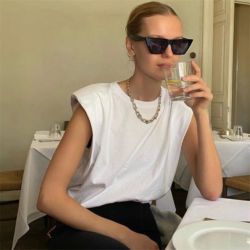 Shoulder Pad Women Tops Sleeveless O-neck Solid color streetwear fashion T-shirts Summer new style female casual Clothing