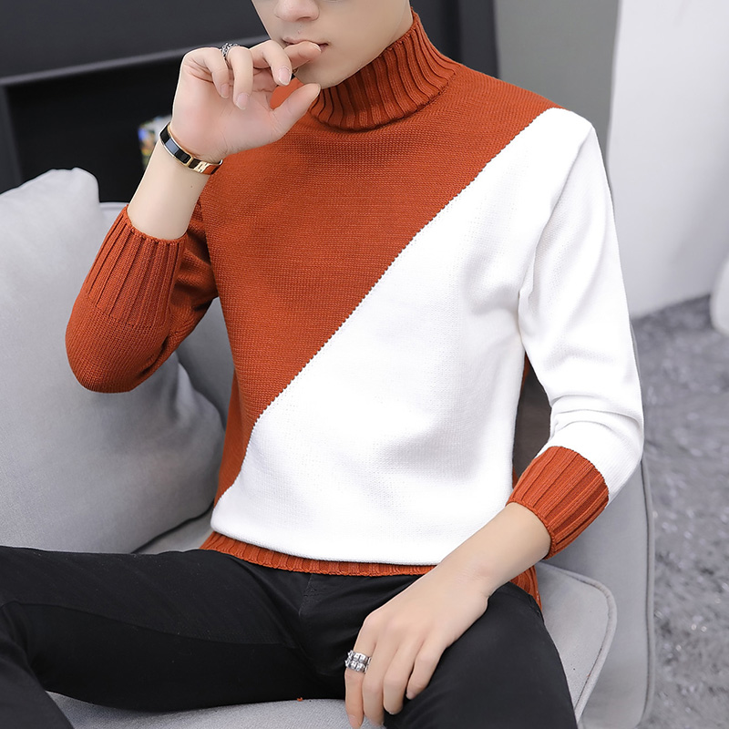 

2020 Winter Men Thick Warm Turtleneck Sweaters Men Brand Clothing Spliced Knitted Pullover Man Hit Color Casual Slim Fit Sweater, Black