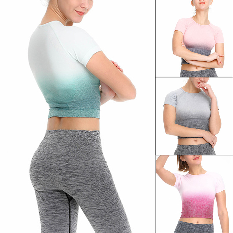 

Hot Women Sport Crop Top Gradient Color Yoga T-shirt High Elastic Breathable Short Sleeve Sportswear MVI-ing, Green