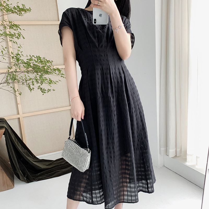 

Two-pieces Set Dress Women' Sleeveless Black Slash Neck Pleated Plaid High Waist Female Dresses