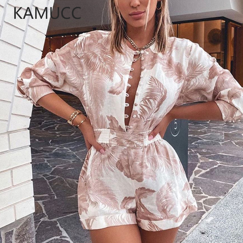 

KAMUCC Palms Print Playsuit Women Summer Short Linen Romper Women O-Neck Button Ladies Autumn Shorts Playsuit Adjustable Waist, Khaki