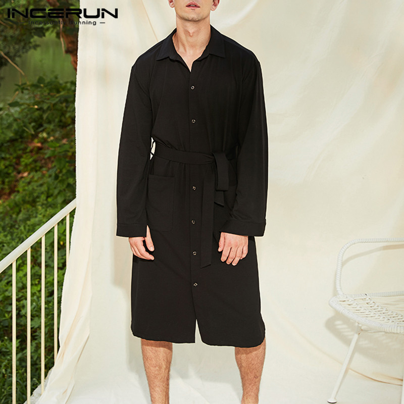 

INCERUN Fashion Men Robes Homewear Solid Long Sleeve Lapel Pockets Casual Nightgown Dress 2020 Bathrobes Men Clothes With Belt 7, Black