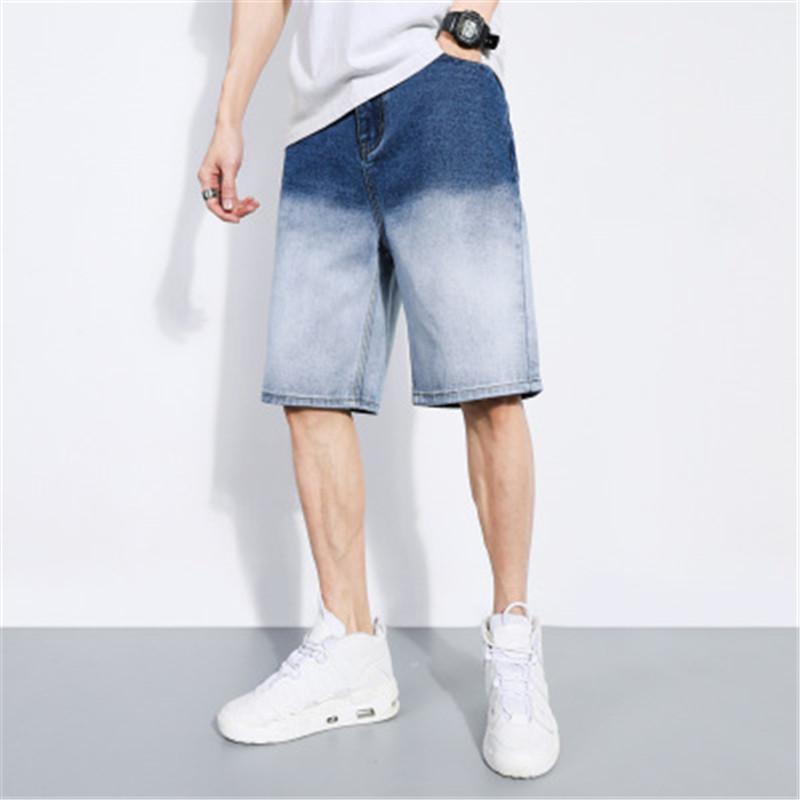 

Knee Length Street Mid Waist Five Point Jeans Zipper Straight Mens Denim Shorts Designer Loose Elasticity Casual Blue Jeans Thin
