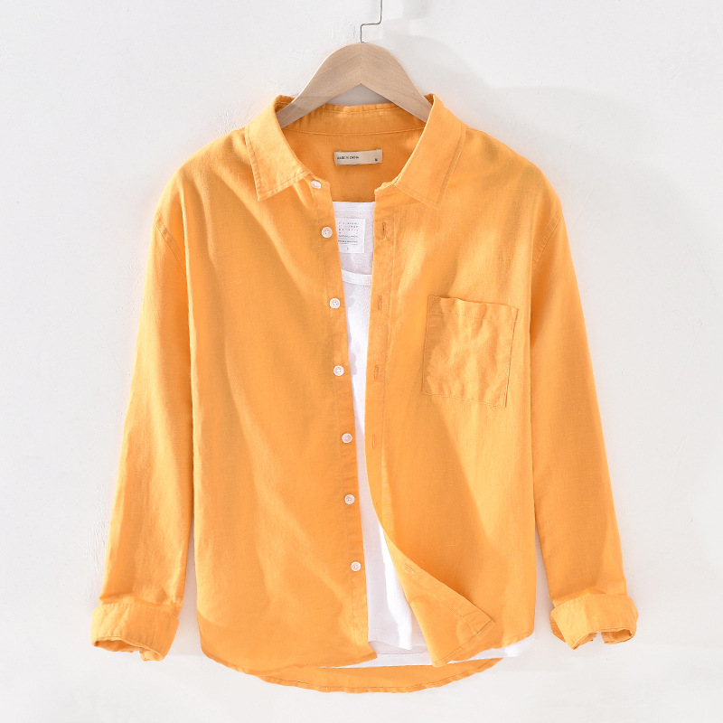 

Spring Cotton Linen Soft Breathable Long Sleeve Shirts For Men With Pockets Turn Down Collar Japan Simple Solid Color Casual Top, Green