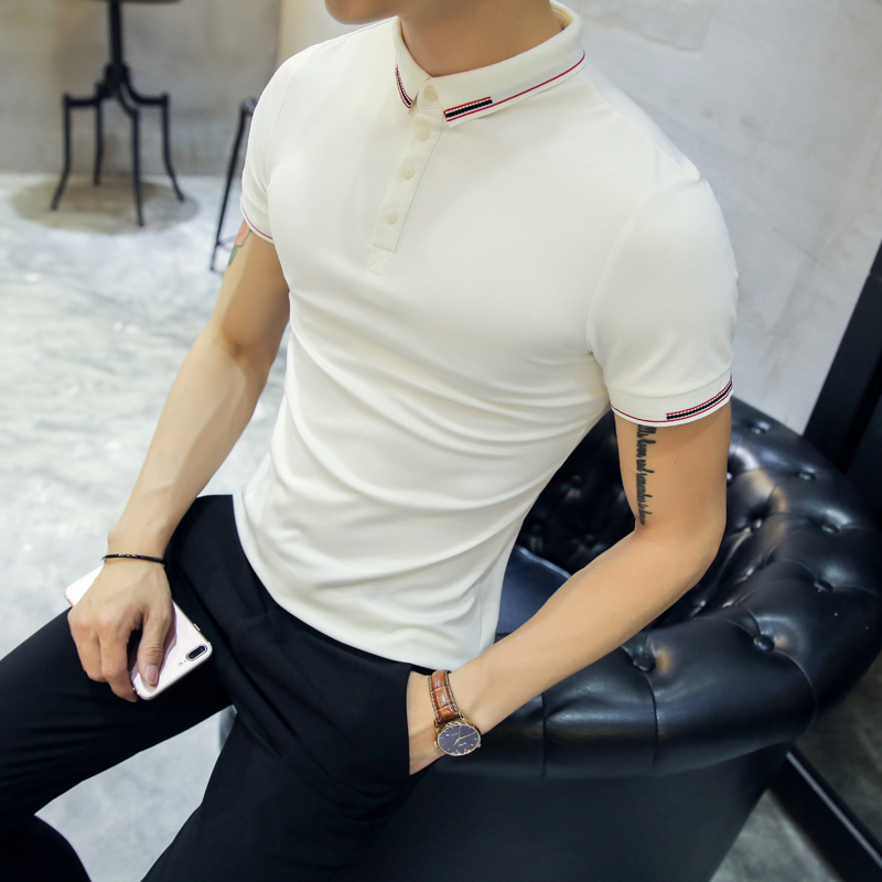 

2020 Summer New Shirt Men Fashion Streetwear Plain Men Shirt Slim Fit Contrasting Colors Lines Short Sleeve Homme, Black