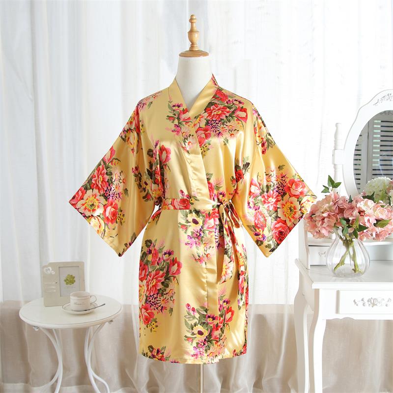 

Ladies Peony Printed Dressing Gown Summer Satin Thin Loose Nightgown Women Wedding Short Cardigan Gown Bath Robe