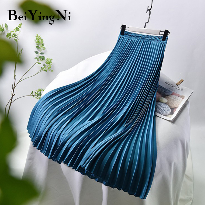 

Beiyingni 18 Colors Women Skirt Solid Color Retro Luxury Pleated Midi Skirts Ladies High Waist Saias Casual Korean Faldas Jupe, Black