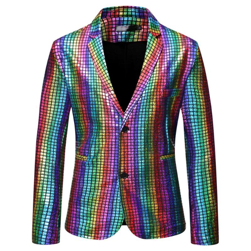 

Mens Glitter Rainbow Plaid Sequin Blazer Jackets Men Gold Suits Disco Nightclub Singer Dancer Stage Performance Prom Coat