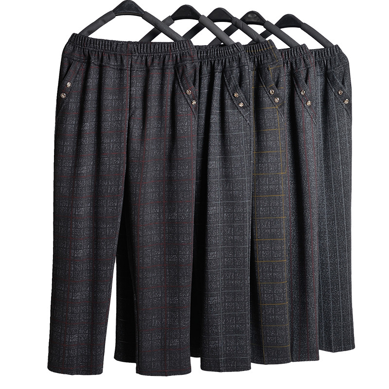 

Spring Autumn Middle Aged Women Elastic Waist Casual Straight Pants Female Trousers Plus Size Mother Loose Long Plaid Pants 1515, Yellow plaid