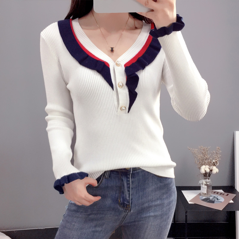 

Women Thin Pullover Sweater 2020 Autumn Contrast Color Ruffles V-neck Long Sleeve Slim Sweater Pullover Black Jumper Knitwear