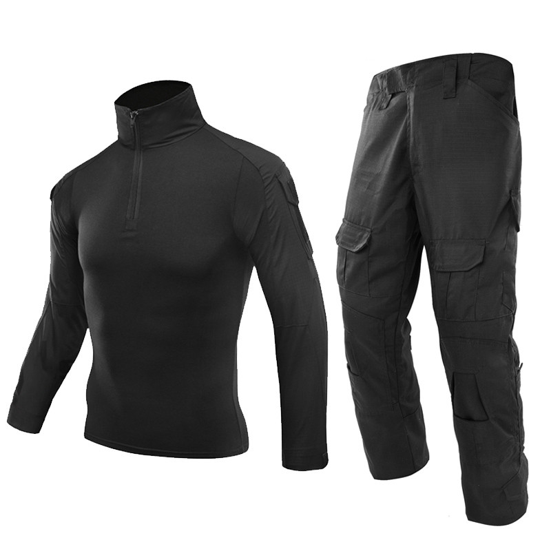 

Uniform Clothes Suit Tactical Camouflage Men US Army Clothes Combat Shirt + Cargo Pants Knee Pads, Black