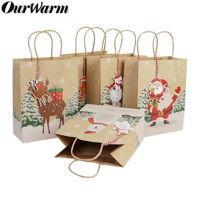 

OurWarm 6Pcs Christmas Gift Bags Santa Sacks Kraft Paper Bag with Handle Kids Party Favors Box Christmas Decorations for Home
