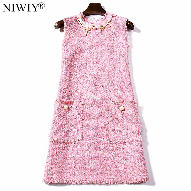

NIWIY Women Autumn Tweed Pink Bead Office Party Dress Zomerjurk Dames 2020 Midi Vintage Dress Robe Femme Vestidos De Festa N8089, 8089