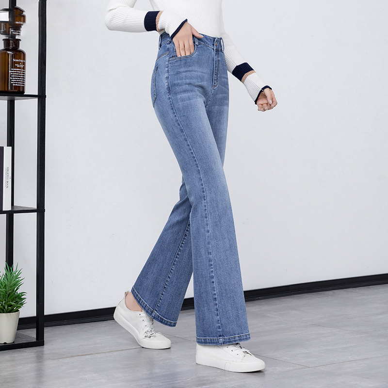 

2020 Spring Summer New Jeans Women High Waist Stretch Straight Ankle Length Slim Beautiful Flare Jeans Boot Cut Pantyhose, Blue