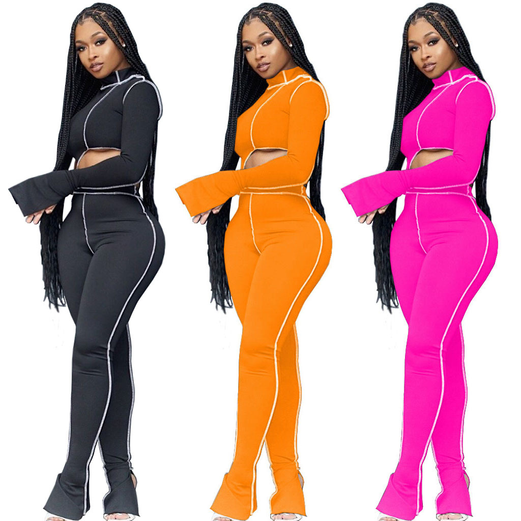 

Designer Women Clothes 2 Piece Tracksuit Personalized Line Patchwork Flare Sleeve Crop Top Flare Pants Bodysuits Autumn Casual Outfits, Black