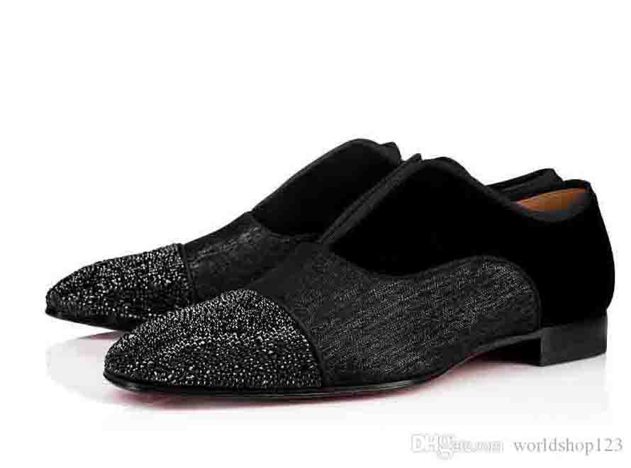 

New Fashion Red Soles Mens Business Shoes Alpha Male P Strass Flat Dress Men Wedding Flat Shoes Red Bottom Loafers Derbys, Black