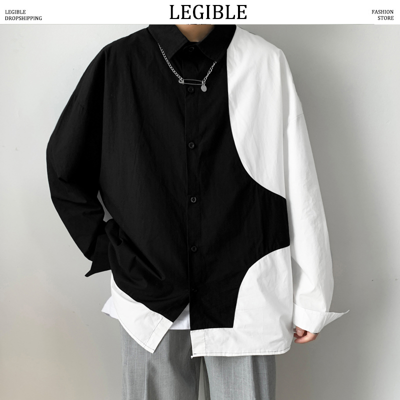 

LEGIBLE 2020 Men Korean Patchwork Shirt Mens Spring Autumn Streetwear Shirts Male Long Sleeve Oversize Casual Loose Clothes, White;black