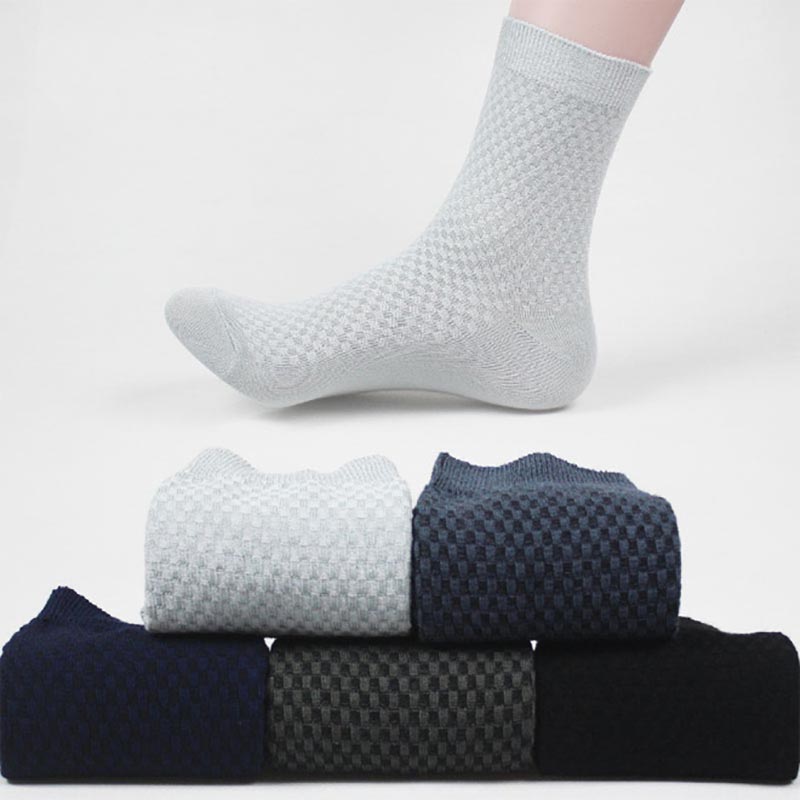 

1Pair Business Style Breathable Square Patterns Pure Color In Tube Socks Bamboo Fiber for Male Casual Thin Socks Fit 38-44 CM, Black