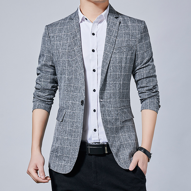 

2020 Men's New Spring Casual Suit Youth Single Button Plaid blazer, Sky blue