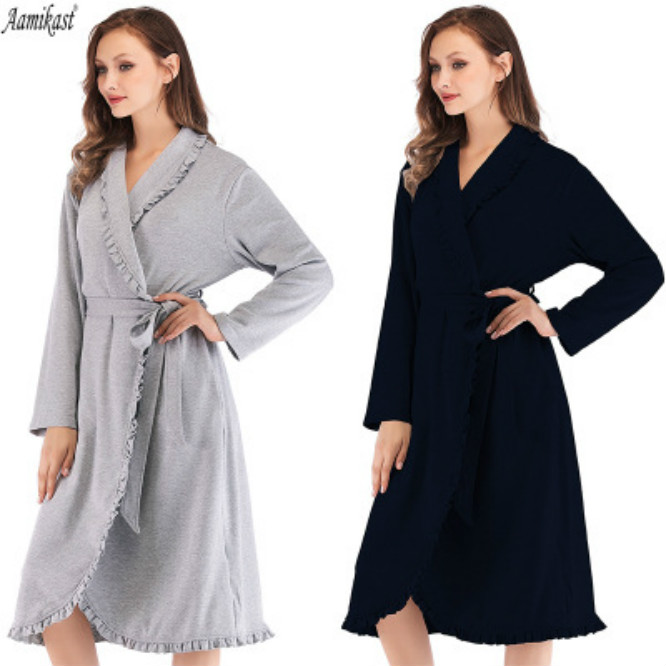 

Womens Designer Sleepwear Autumn and Winter New Women' Loose Home Service Long-sleeved Ruffled Robe Explosion Models New, Gray