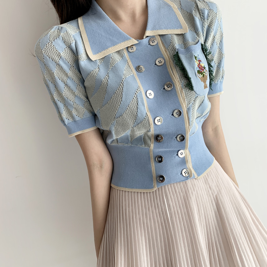 

2020 Summer Korean Knitted Tops Tshirts Women Short Sleeve Double-breasted Embroidered Short Pullovers Fashion Elegant T Shirts, Blue