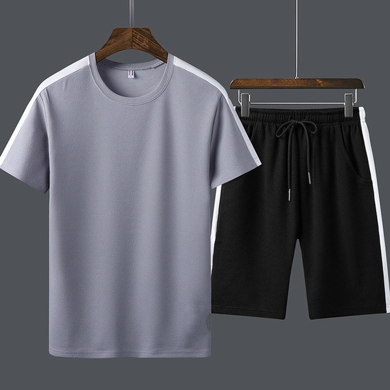 

2020 Summer Men Tracksuit Loose Striped T Shirts + Shorts Casual Sporting Suits Men Short Sleeve Set Male Sweat Suit, Black