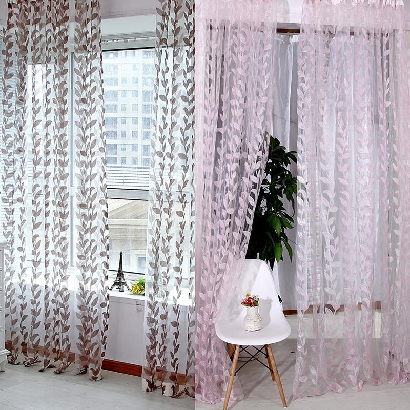 

1M x 2M Door Window Scarf Sheer Leaves Printed Curtain Drape Panel Tulle Voile Valances, Brown