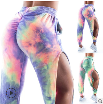 

Women Long Pants, Tie Dyeing Pattern Pleated Elastic Waistband, Split from Thigh to Calf Bottom, Wild Fashion Pants with Pockets, Brown